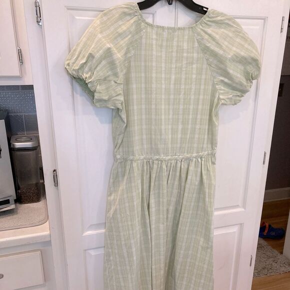 Madewell 100% Cotton Sage Green Plaid Cottage Core Puff Sleeve A-Line Dress XS - Picture 9 of 12